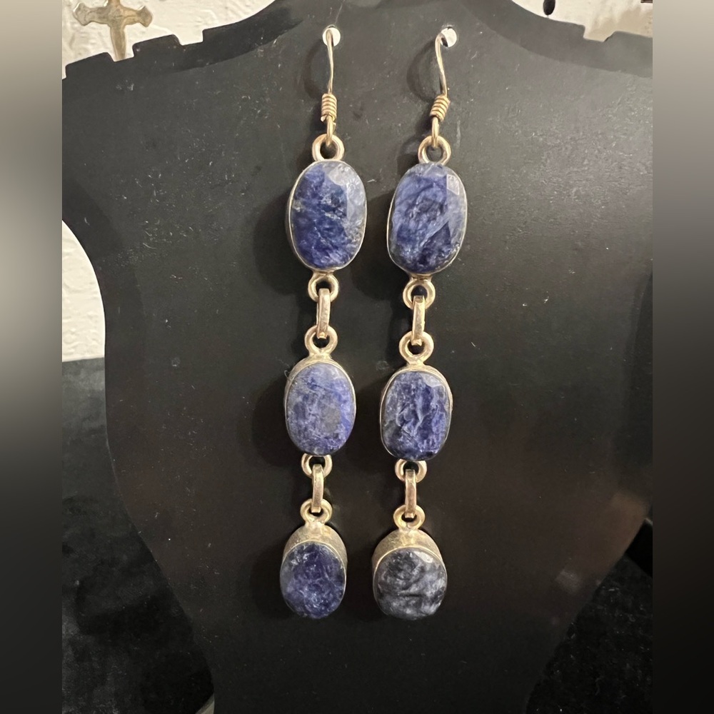 Vintage sterling silver 3 stone sodalite earrings